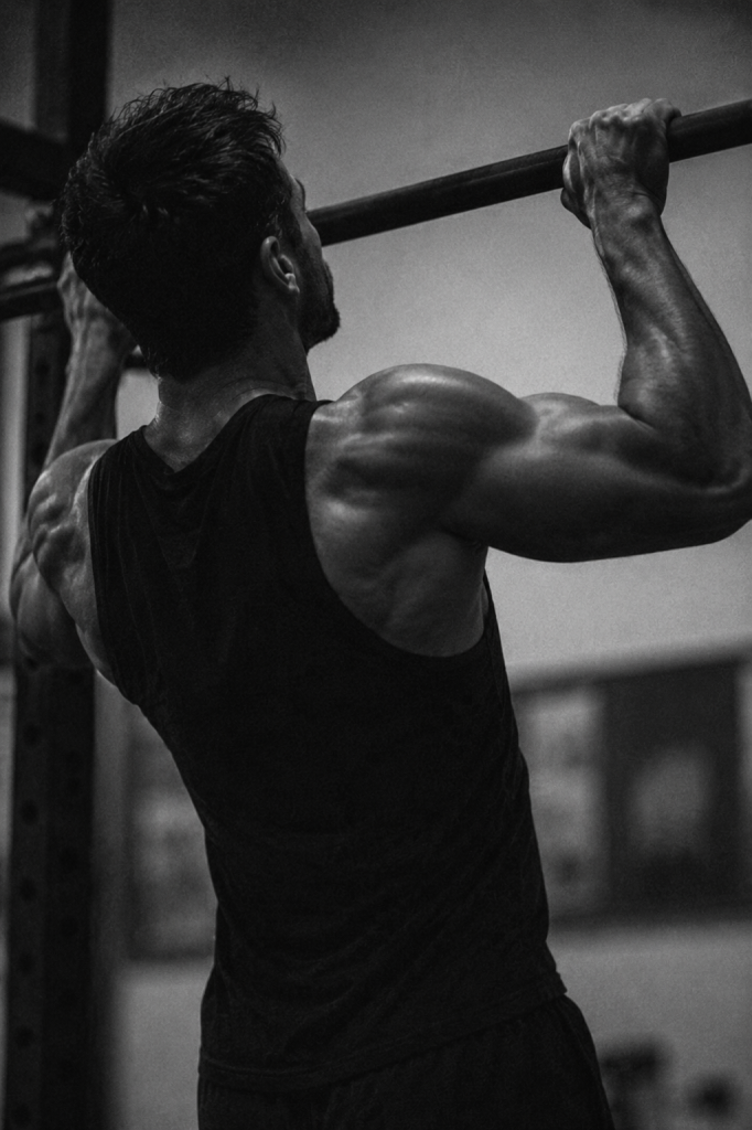 Muscular Man Performing Pull-Ups at Men's Health Clinic
