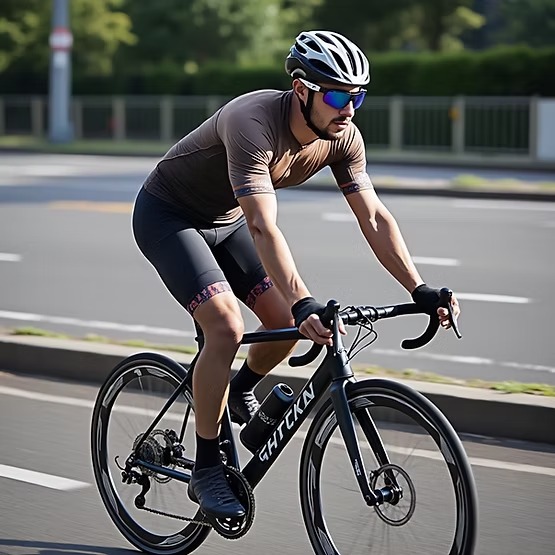 Cyclist Riding on City Street in Bright Sunlight Promoting Men's Health