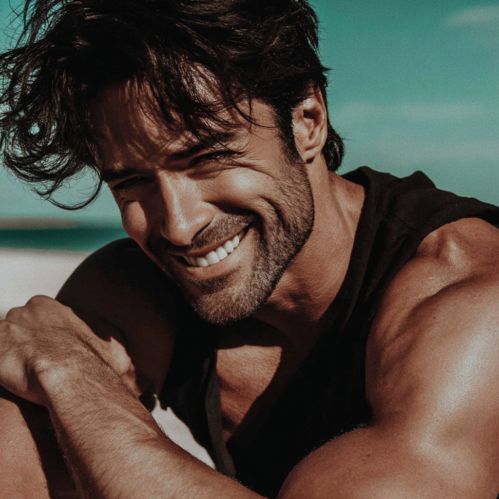 Smiling Man Relaxing on Beach Demonstrating Men's Health and Wellness