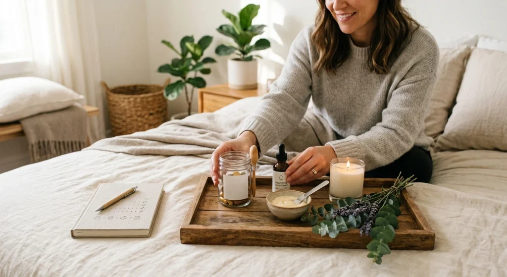 Woman relaxing with candles, self-care during weight loss
